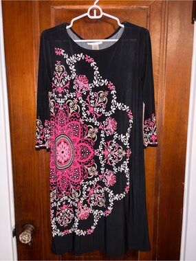 London Times Black Dress with Pink and Cream Floral Motif